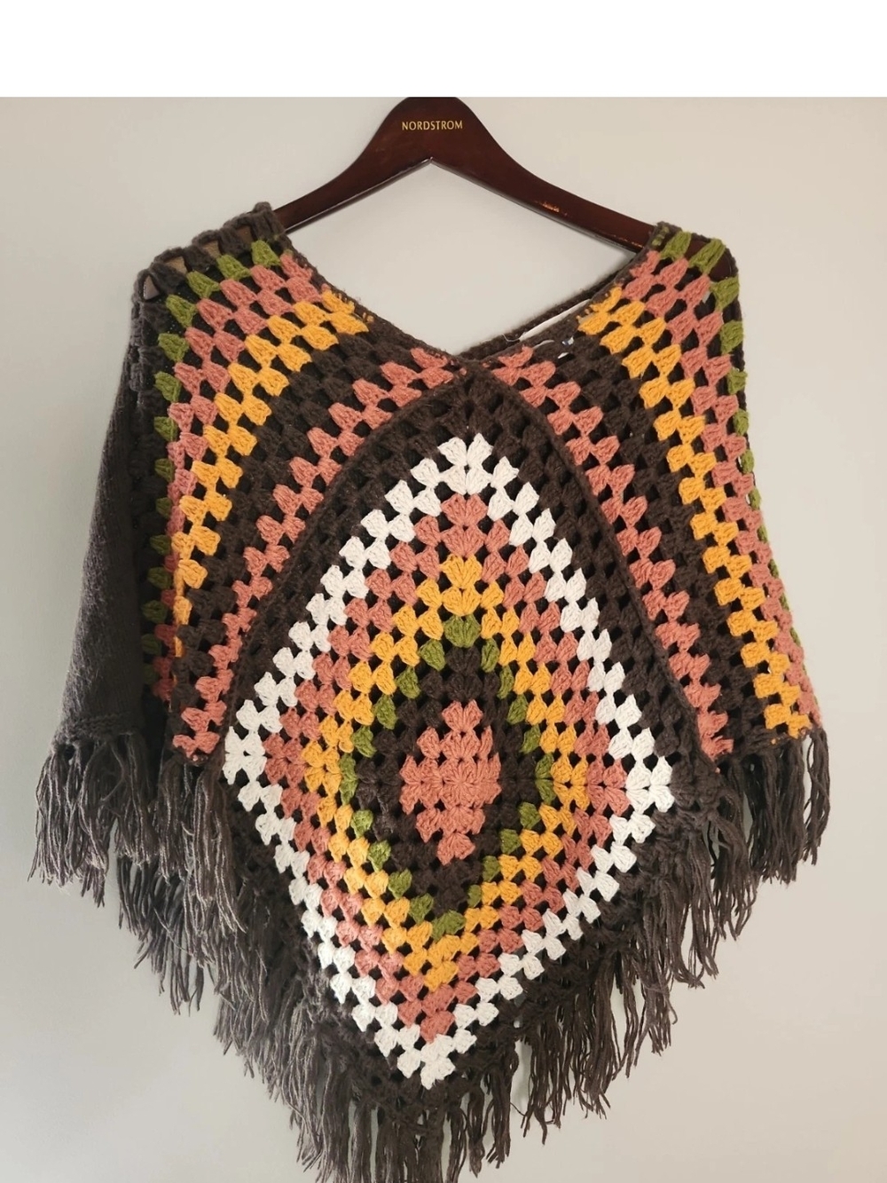 Cactus & Pearl Handcrafted Crochet Fringe Poncho Granny Squares Gramdmacore